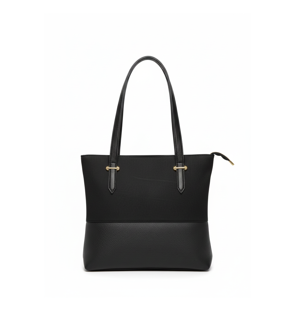 Elegant Two-Tone Black Tote Bag with Gold-Tone Hardware