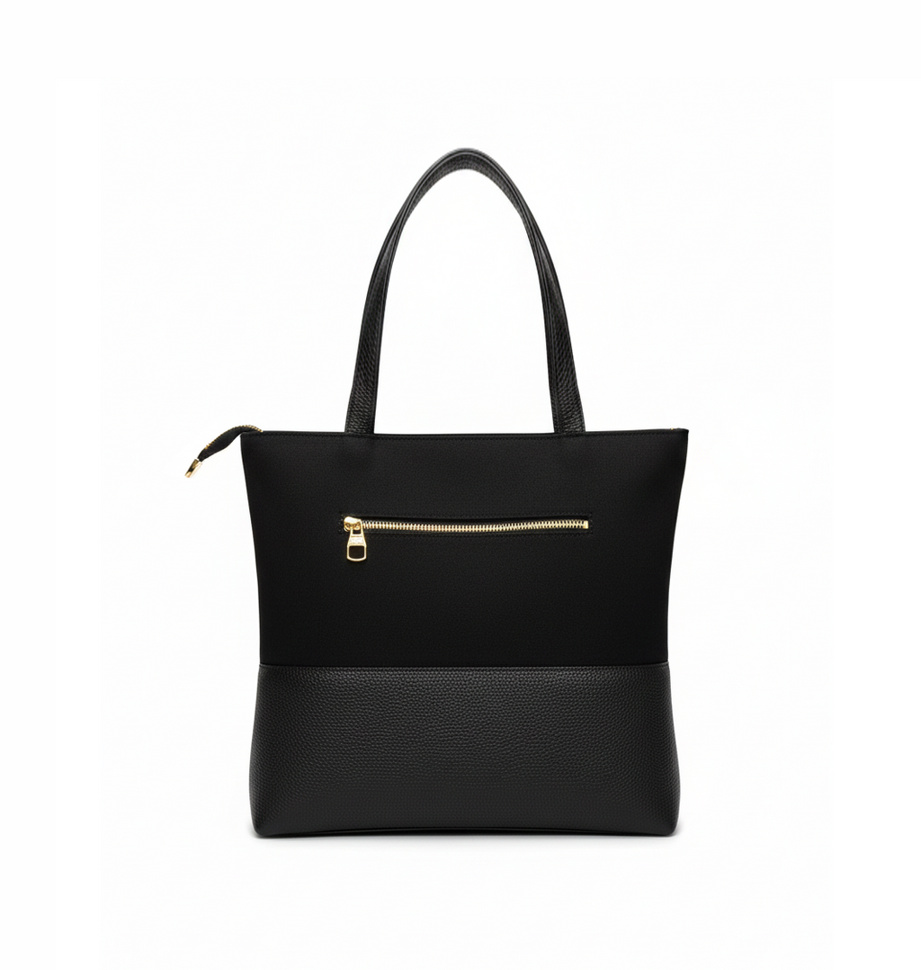 Elegant Two-Tone Black Tote Bag with Gold-Tone Hardware