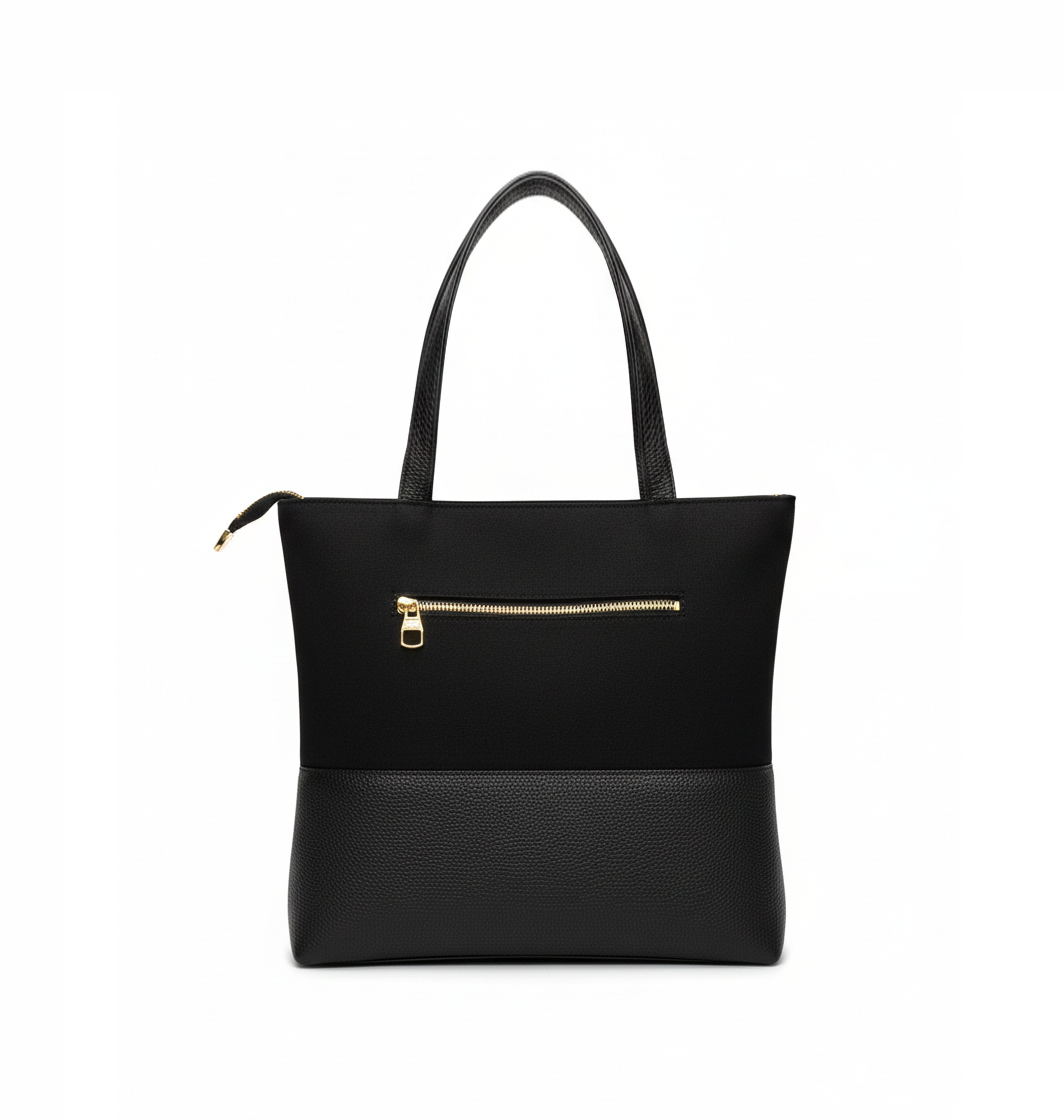 Elegant Two-Tone Black Tote Bag with Gold-Tone Hardware