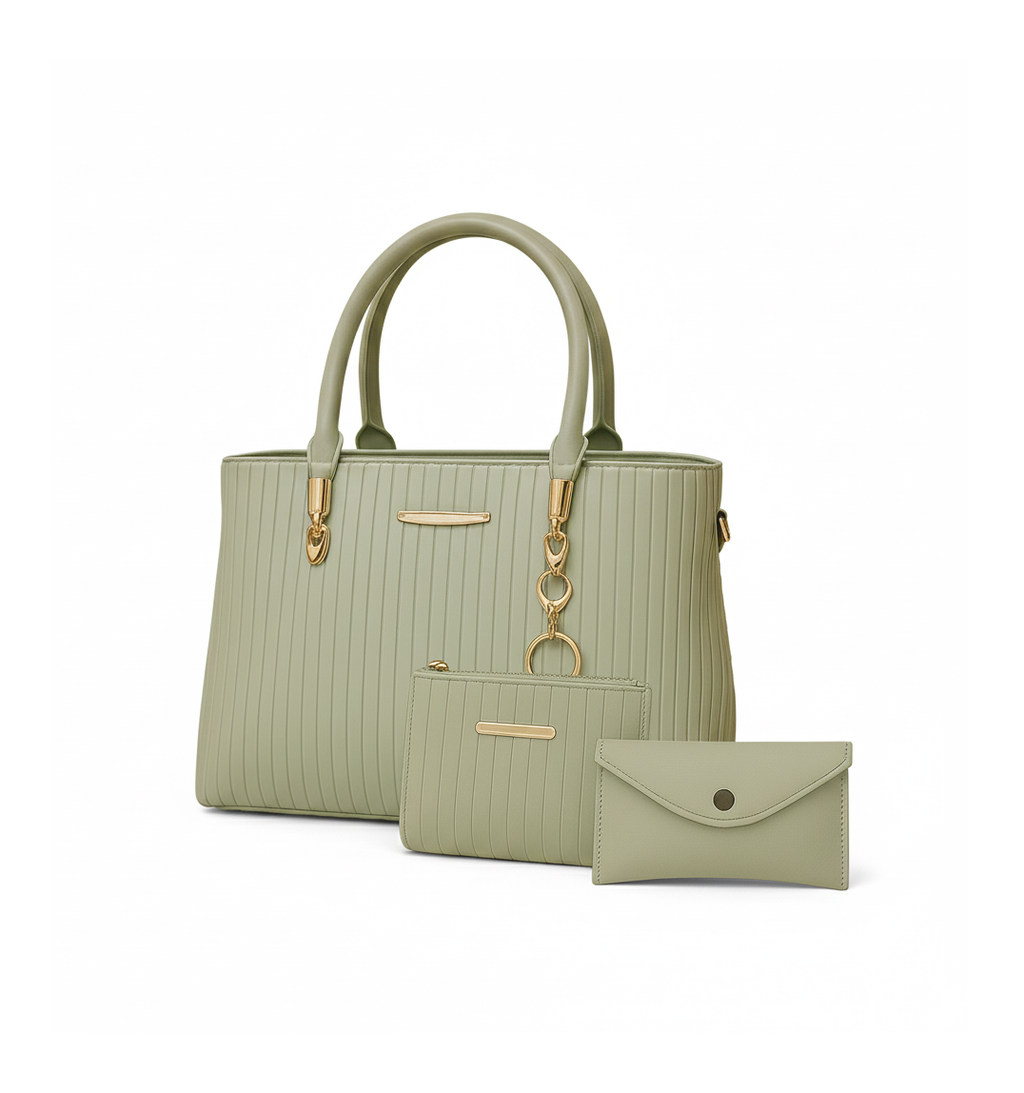 Mint Green Textured Shoulder Bag Set with Gold Accents (3-Piece Set)