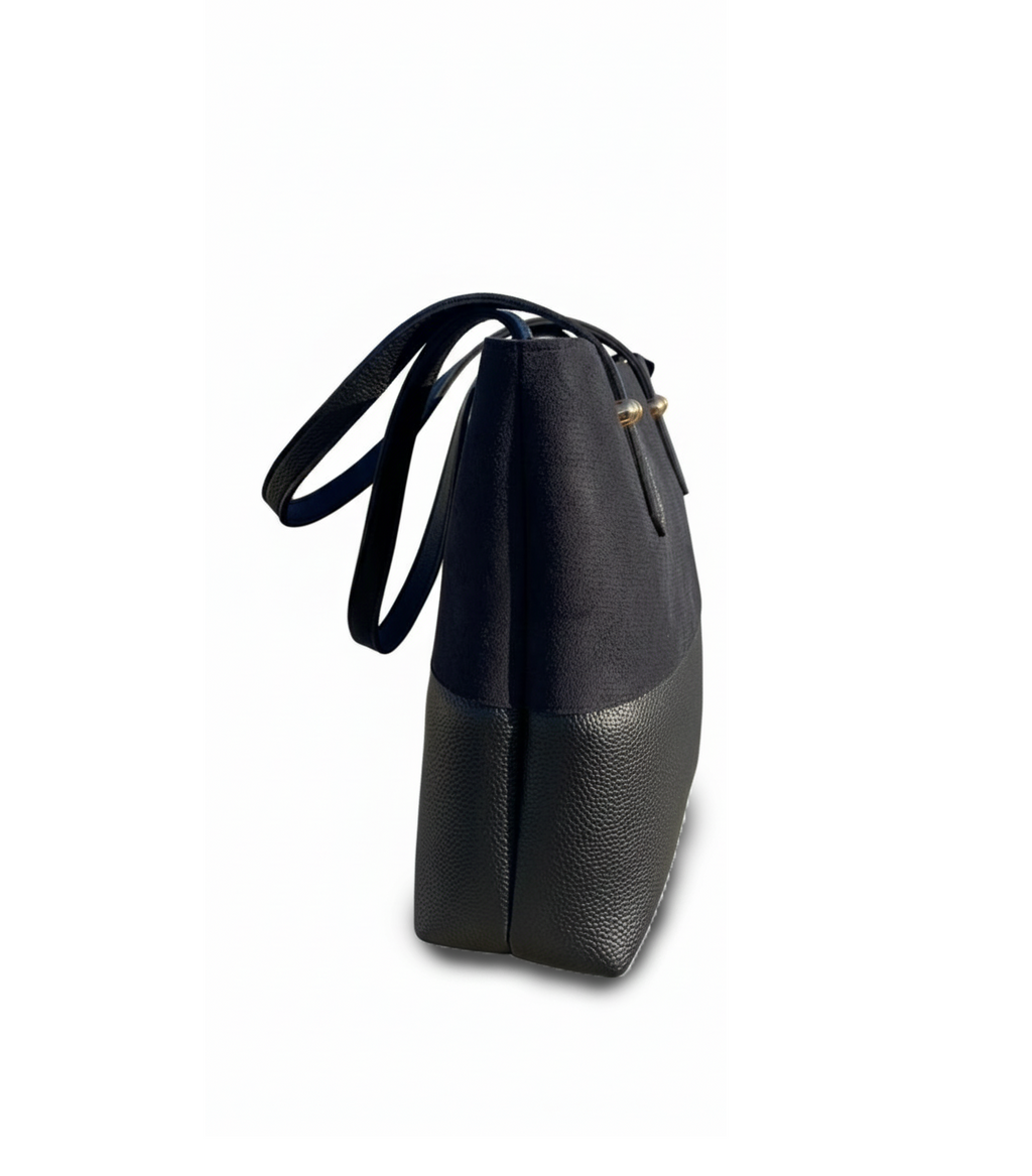 Elegant Two-Tone Black Tote Bag with Gold-Tone Hardware