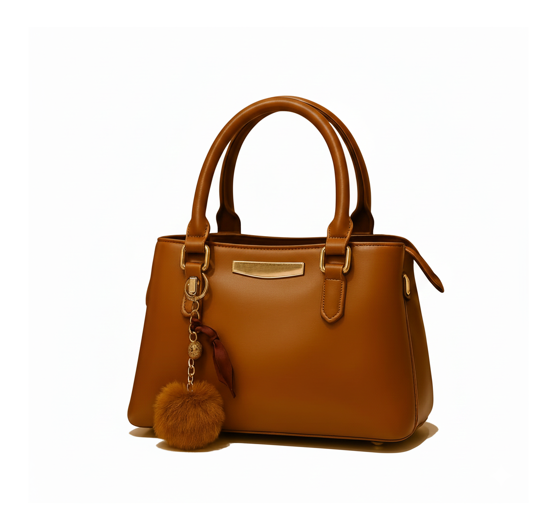 Chic Caramel Handbag with Gold Charm Accent
