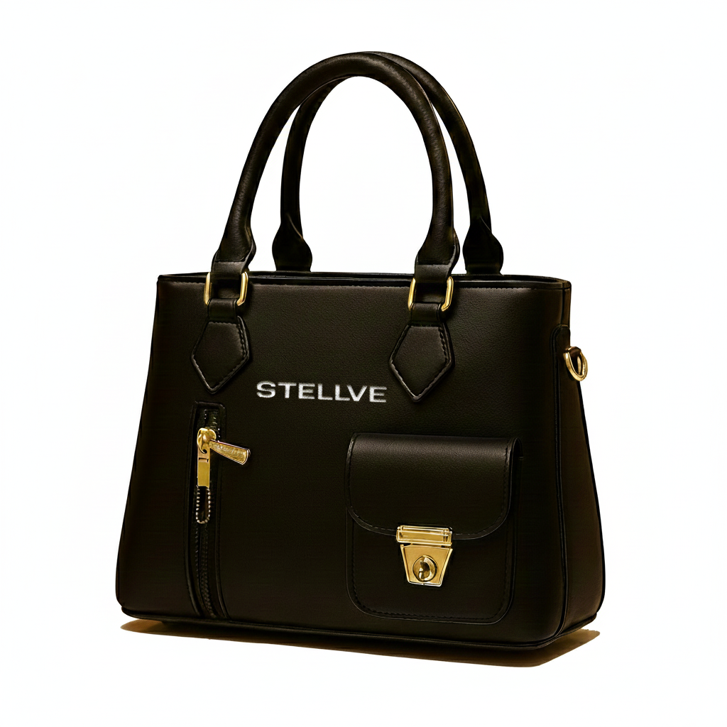 TitleElegant Black Leather  Handbag with Gold Accents