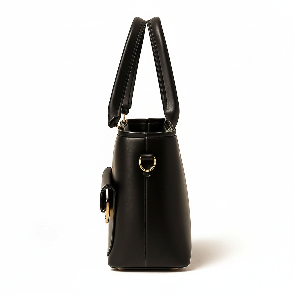 TitleElegant Black Leather  Handbag with Gold Accents