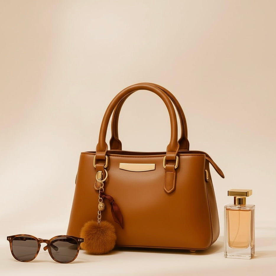 Chic Caramel Handbag with Gold Charm Accent