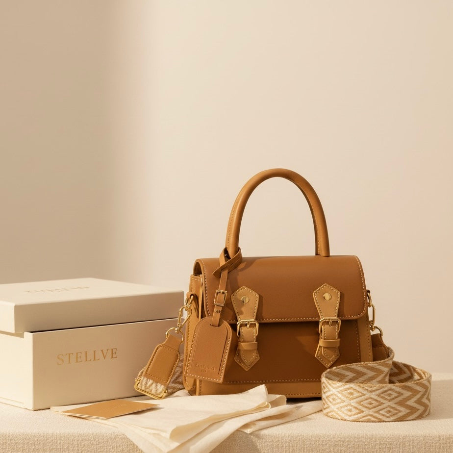 Classic Tan Leather Flap Bag with Dual Buckle Design