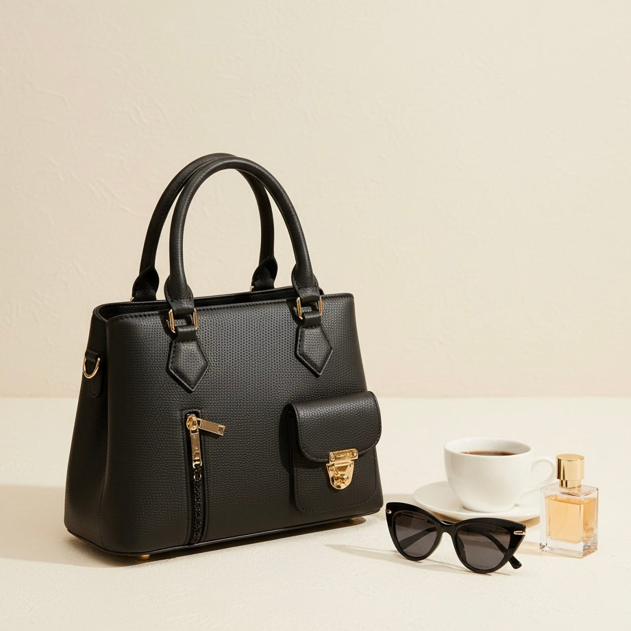 TitleElegant Black Leather  Handbag with Gold Accents