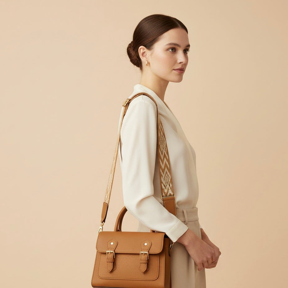 Classic Tan Leather Flap Bag with Dual Buckle Design