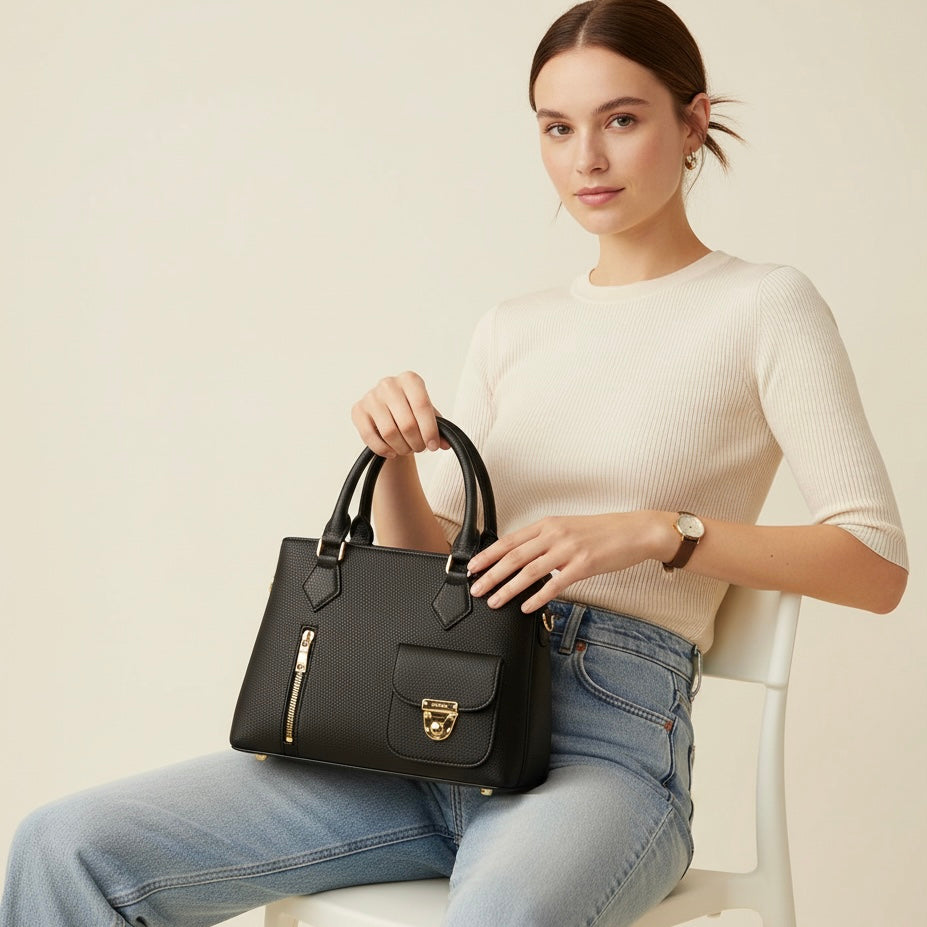 TitleElegant Black Leather  Handbag with Gold Accents