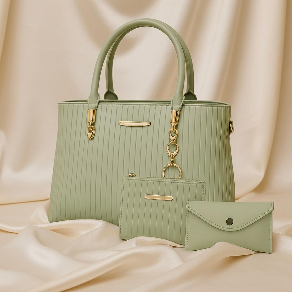 Mint Green Textured Shoulder Bag Set with Gold Accents (3-Piece Set)